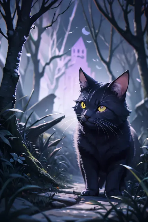 In the depths of a dark and mysterious forest, a fearsome purple cat with bold black stripes takes flight. Its piercing red eyes gleam menacingly as it unveils a chilling smile. Surrounding the cat are bluish particles that illuminate the ominous atmospher...