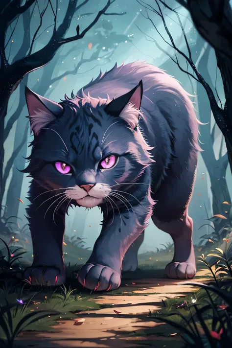 In the depths of a dark and mysterious forest, a fearsome purple cat with bold black stripes takes flight. Its piercing red eyes gleam menacingly as it unveils a chilling smile. Surrounding the cat are bluish particles that illuminate the ominous atmospher...