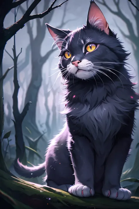 In the depths of a dark and mysterious forest, a fearsome purple cat with bold black stripes takes flight. Its piercing red eyes gleam menacingly as it unveils a chilling smile. Surrounding the cat are bluish particles that illuminate the ominous atmospher...