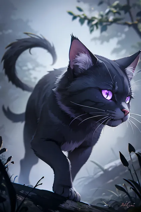 In the depths of a dark and mysterious forest, a fearsome purple cat with bold black stripes takes flight. Its piercing red eyes gleam menacingly as it unveils a chilling smile. Surrounding the cat are bluish particles that illuminate the ominous atmospher...