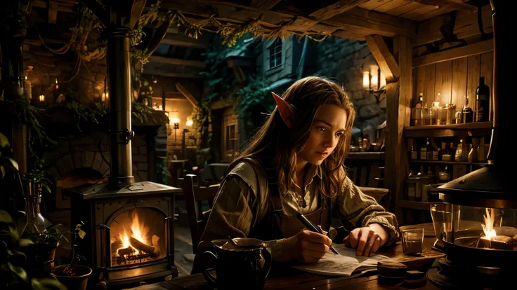 hobbit tavern, a pretty hobbit medieval elf girl writting in a old paper, fireplce back ( do the face more detailed )