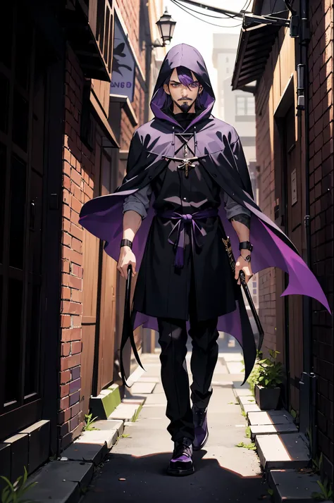 1 guy , purple eyes, purple hair, purple Mustache,  black outfit with a cloak and a hood on his head, walking inside a dark alley with two long swords.