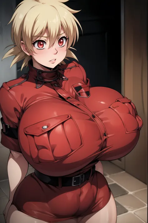 High resolution, Hellsing Ultimate art style, Seras Victoria, 1girl, ((bimbo))), short blond hair, red eyes, puffy lips, thick lips, wide hips, thick thighs, enormous round fake breast, huge ass, cute face, shy, girlfriend, blushing, tight police uniform, ...