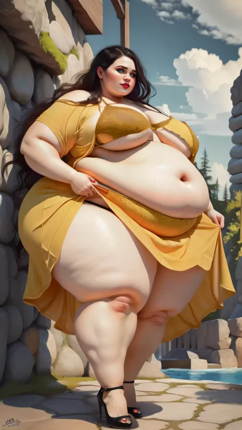 romanticism painting of a caucasian ssbbw supermodel goddess in lingerie, thicc, she has a jiggly fat colossal belly, small nave...