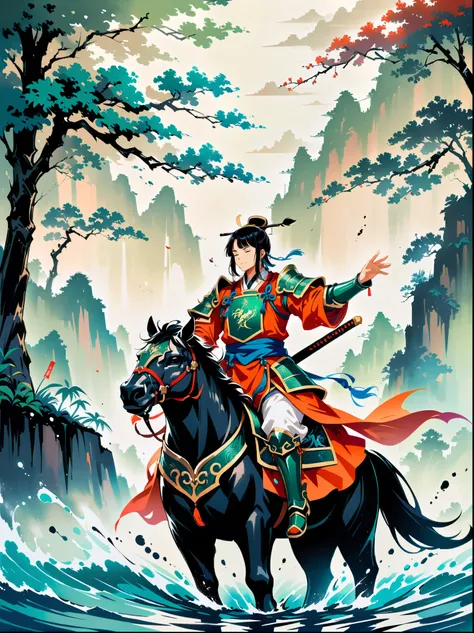 Ink painting，Male knight on the water，Wearing exquisite Chinese Tang Dynasty Ming Guang armor，A bamboo forest behind，sword，landscape，Ultra HD resolution，Freehand style，majestic，Natural light，Knight Focus