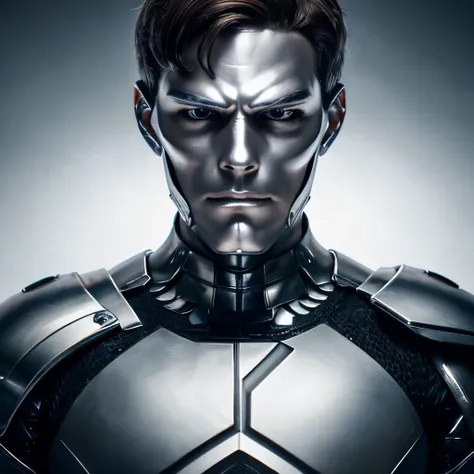 (masterpiece), 8k cg, intricate details, chromatic aberration, ((bust shot)), ((looking at viewer)), 1man (black eyes, short brown hair, silver armor, silver suit, silver surfer), boyish face, handsome face, frown, 20 year old, absurdres, cinematic lightin...