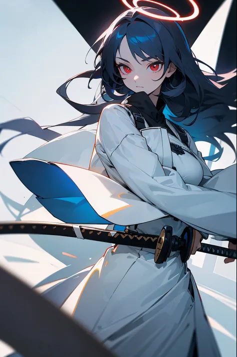 (masterpiece), best quality, detailed eyes, light red eyes, white skinned, black + dark blue hair, halo, black + white + light blue clothing, belts, long hair, katana (sheathed), dress