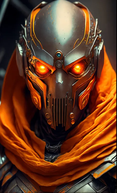 breathtaking cinematic science fiction photo of a portrait of a non human masked Grim wrapped in orange chrome metal skin, body full glowing metrics inside, glowing multicoloured eyes, multifaceted eyes, metallic arms, inside a destroyed building, extremel...