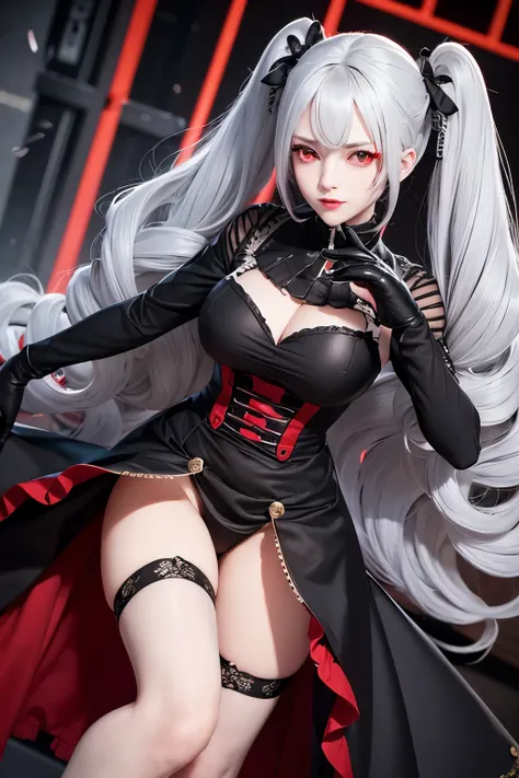 sex, ranko, (drill hair:1.5), grey hair, long hair, pale skin, (red eyes:1.5), twin drills, medium breasts, black dress, black thighhighs, black gloves, sweat, outdoors, crowd, pov, point of view, masterpiece, best quality, ultra-detailed, smiley face, shi...