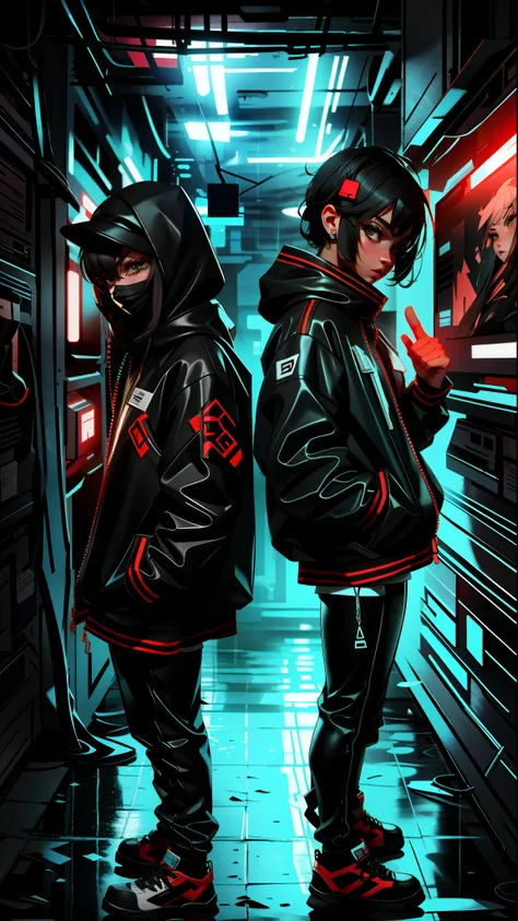 an intense showdown between a mysterious hacker and a rogue ai in a glitch-infested virtual reality world. neon lights, digital artifacts, dystopian, tachi-e, fashionable, outfit, posing, front, colorful, dynamic, background, elements, confident, expressio...