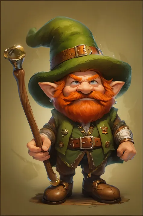 (master piece), 8k, best quality, cartoon, Leprechaun, tiny little man, 1 meter tall, red hair, red beard, old man, wrinkled skin, thick nose, brown eyes and pointed elf ears, which denote his magical nature , green clothing, often accompanied by a red cap...