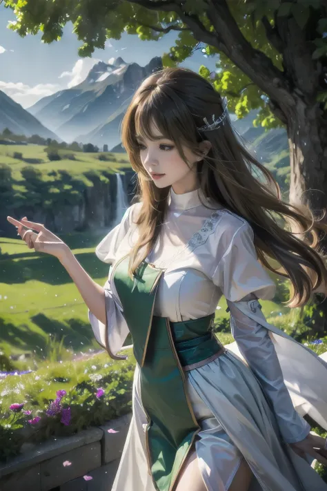 In a green meadow is a girl who leads a group of knights. BREAK With a brave expression, guides them to their destination. BREAK Behind her, A green forest extends and beyond that, Mountains rise in the distance. BREAK The most suitable effect for this sce...