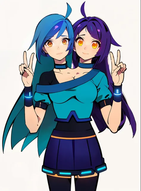 (masterpiece),(ultra-detailed), (high quality), (high resolution), (best quality:1.5, highres, UHD), highres, absurdo, ultra detail, ultra quality, ((2heads:1.5)), 1girl, (long hair), ((blue hair color)), ((purple hair color)), different hair color, ((glow...