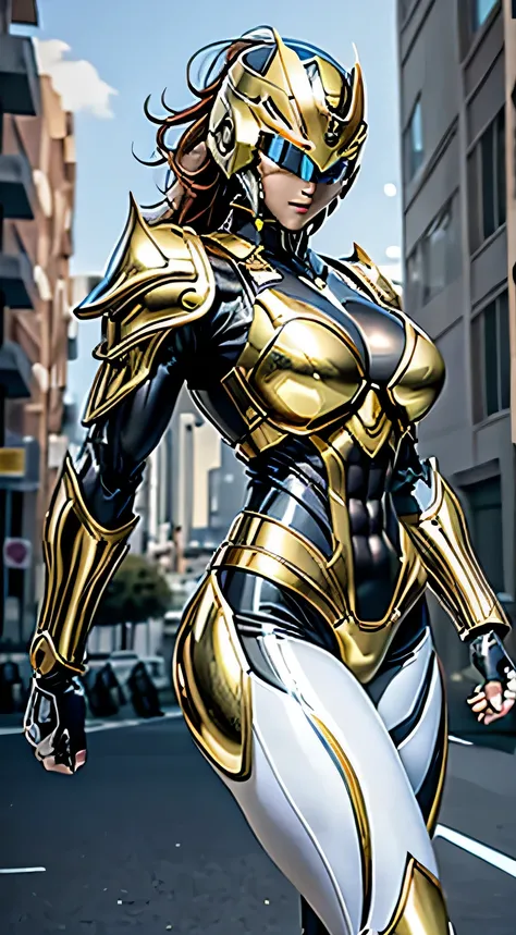 female robocop solo、bright outdoors、strong light source、8K, high quality, masterpiece, 最high quality、very detailed、Armor that completely covers the whole body、very large armor、Helmet covering the head、clear pictures、Eyes hidden by thin straight goggles:1.3...