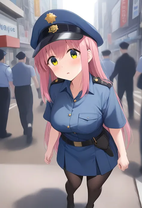 masterpiece, best quality, very aesthetic, absurdres, full body shot,(police costume:1.3), (button gap:0), police skirt, police cap, stockings with garter, on the crowed street, 1girl, gotoh hitori, bocchi the rock!