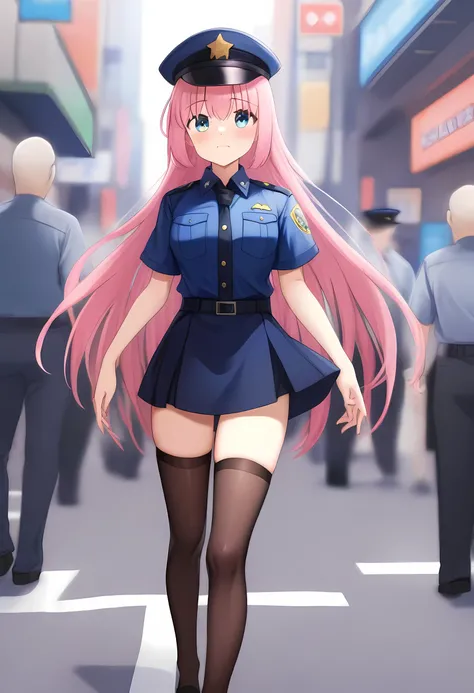 masterpiece, best quality, very aesthetic, absurdres, full body shot,(police costume:1.3), (button gap:0), police skirt, police cap, stockings with garter, on the crowed street, 1girl, gotoh hitori, bocchi the rock!