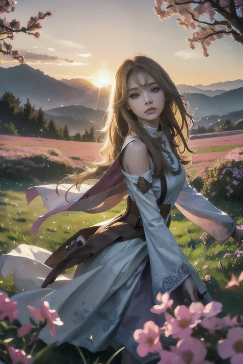 In a green meadow is a girl who leads a group of knights. BREAK With a brave expression, guides them to their destination. BREAK Behind her, A green forest extends and beyond that, Mountains rise in the distance. BREAK The most suitable effect for this sce...