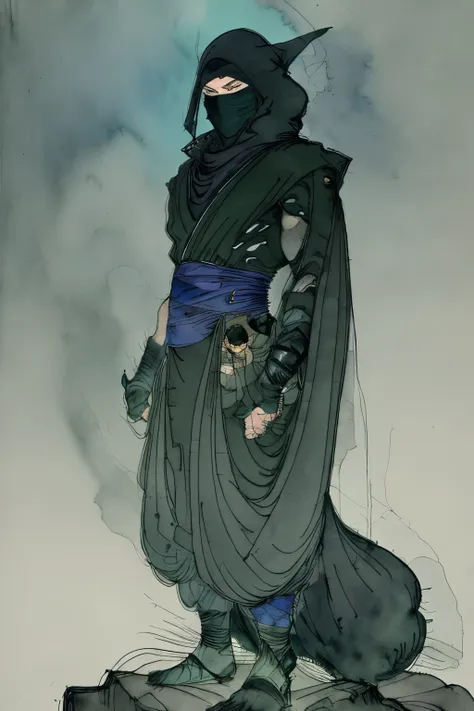 a mysterious ninja with face wrapped in cloth, dark green and black detailed loose thick clothing covering body, standing on top...