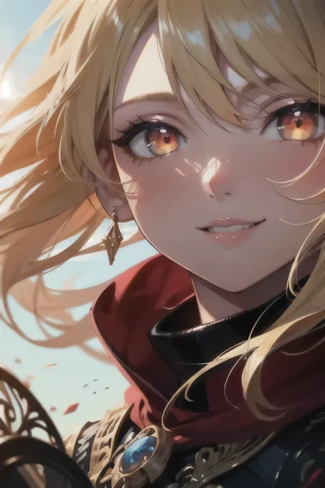 womans face, long blonde hair, smiling, sun is red, (digital painting, concept art, smooth, sharp focus, intricate details, close-up, masterpiece: 1.2)