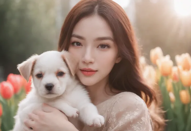 (Best Quality,hight resolution:1.2),(Realistic:1.37),Ultra-detailed,beautiful detailed eyes and face,Against the background of soft sunlight and tulips,Asian woman with long brown hair holding a puppy、Beautiful Women、,Soft and warm atmosphere,Detailed lips...