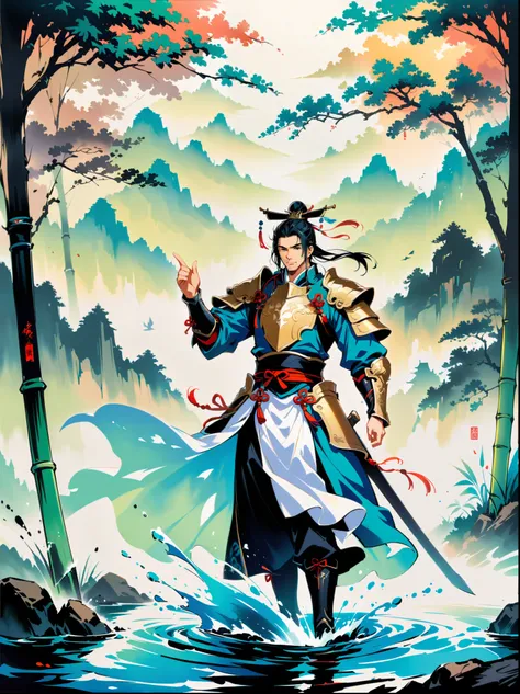 Ink painting，Male knight on the water，Wearing exquisite Chinese Tang Dynasty Ming Guang armor，A bamboo forest behind，sword，landscape，Ultra HD resolution，Freehand style，majestic，Natural light，Knight Focus