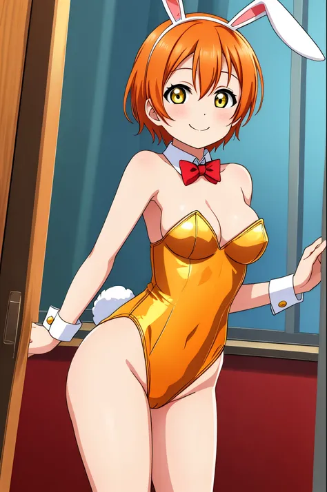 Hoshizora rin, yellow eyes, orange hair,playboy bunny leotard , standing , cowboy shot , smile 