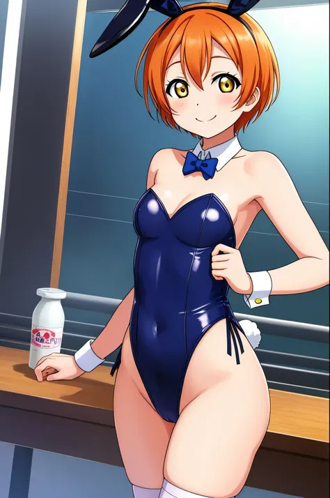 Hoshizora rin, yellow eyes, orange hair,playboy bunny leotard , standing , cowboy shot , smile 