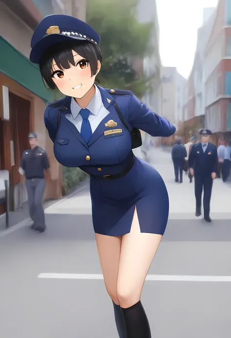 masterpiece, best quality, very aesthetic, absurdres, full body shot,(police costume:1.3), (button gap:0), police skirt, police cap, stockings with garter, on the crowed street, 1girl, akiyama mio, k-on!