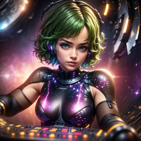 (Latina woman, Latina), (smirking), (green hair with a fringe, short hair, curly hair) , (Beautiful green eyes) , (small boobs) , Official art, Unified 8k wallpaper, Super detailed, beautiful, masterpiece, best quality, original, masterpiece, super fine ph...