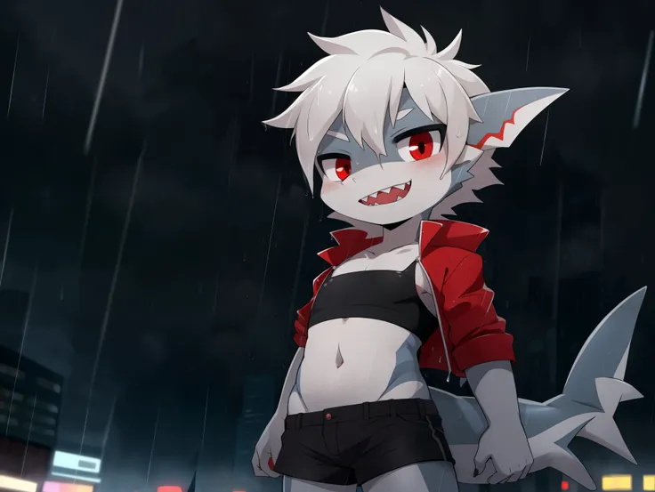 ((shark)), solo, young, cub, chibi, flat chest, grey body, (short snout), red eyes, white spiky hair, fangs. shark tail, red open jacket, ((black tube top)), ((black short shorts)), ((standing)), looking at viewer, city background. ((raining)), (((heavy ra...