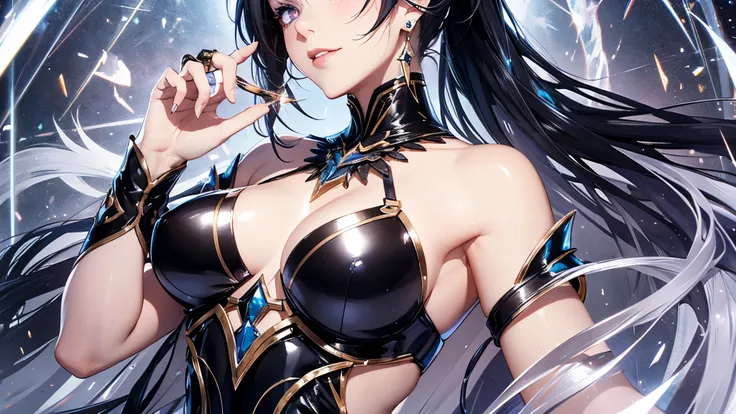 a mature woman, Confident, mighty and strong, (black blue hair streaked sky blue luminous hair), ((Extra long high ponytail with single side ear front hair combed in back)), floating hair, hair strand, shiny hair, blue amber eyes, pupils sparkling, aqua ey...