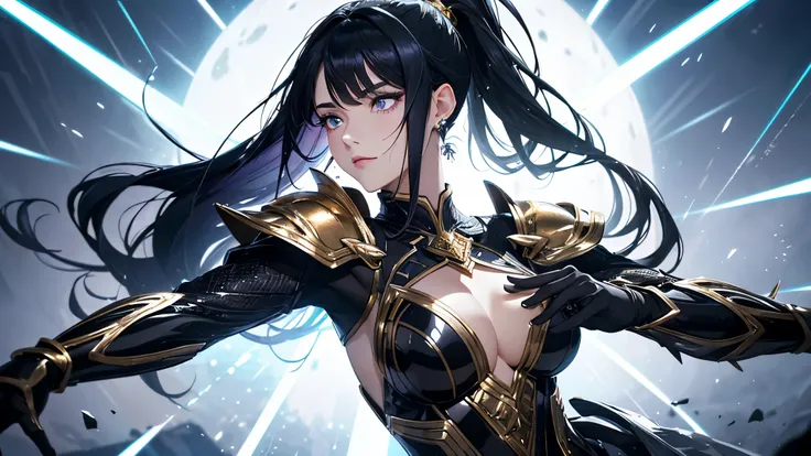 a mature woman, Confident, mighty and strong, (black blue hair streaked sky blue luminous hair), ((Extra long high ponytail with single side ear front hair combed in back)), floating hair, hair strand, shiny hair, blue amber eyes, pupils sparkling, aqua ey...