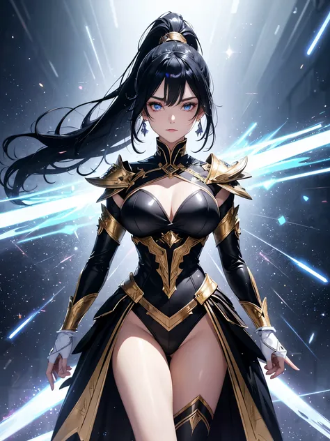 a mature woman, Confident, mighty and strong, (black blue hair streaked sky blue luminous hair), ((Extra long high ponytail with single side ear front hair combed in back)), floating hair, hair strand, shiny hair, blue amber eyes, pupils sparkling, aqua ey...