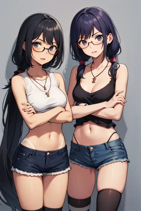 the two women are next to each other and holding a knife and a sword, striped, shorts, tan, glasses, jewelry, thighhighs, black ...