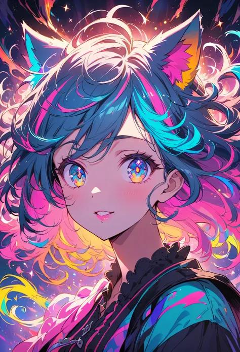 ,anime,portrait,colorful hair,colorful clothes,cat ears,beautiful detailed eyes,beautiful detailed lips,vibrant colors,playful e...