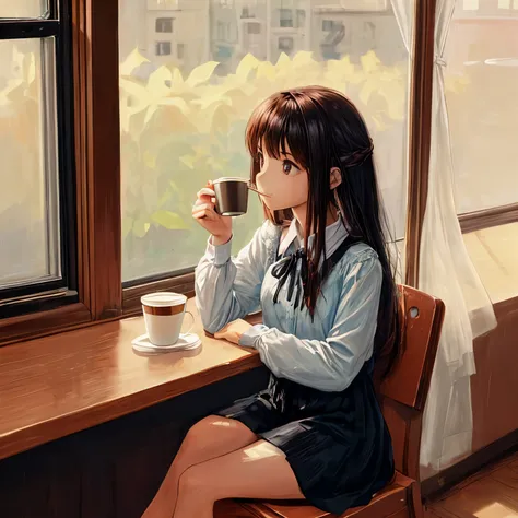 girl sitting by the window　hair is long　drinking coffee