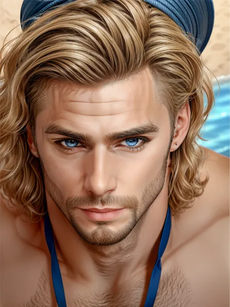 (masterpiece, disorganized, high resolution, super detailed), 1 man, wavy blonde hair, adult, blue eyes, ponytail, male focus,ha...