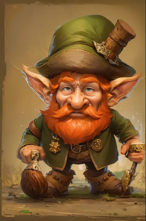 (master piece), 8k, best quality, cartoon, Leprechaun, tiny little man, 1 meter tall, red hair, red beard, old man, wrinkled skin, thick nose, brown eyes and pointed elf ears, which denote his magical nature , green clothing, often accompanied by a red cap...