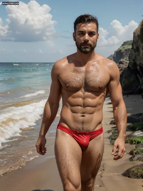 Full size Photo of an Italian, sexy and bearded skinny gay man in red Speedos. Outstanding bulge Hes around 40, very tall, has very hairy pecs in his chest, short black hair. Hes at the beach Body fully tanned and soaked wet. Walks along the beach