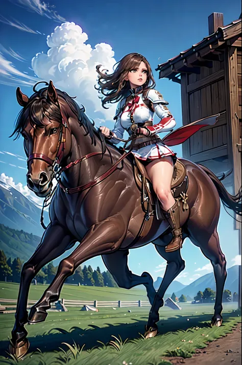 4k, 8k, hdr, wallpaper, ((best quality)), ((masterpiece)), (detailed), perfect face, side tail, {brown hair}, both hands holding tightly, reins, (female knight, brown eyes, white armor, brown miniskirt, brown gauntlet, brown boots, (brown horse, horseback ...