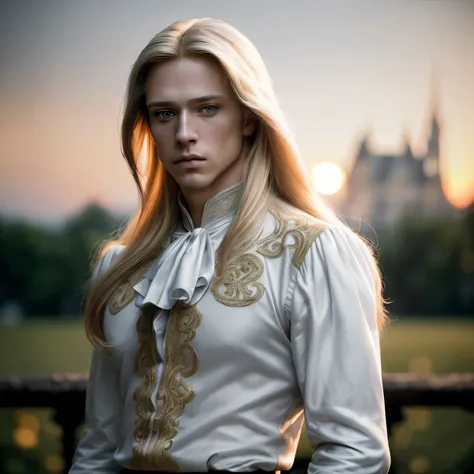 (masterpiece), (extremely intricate:1.3), (realistic), portrait of a a man, the most beautiful in the world, (black pants and white puffy shirt). (long blond hair), (golden eye), (pale skin), upper body, outdoors, intense sunlight, far away castle, profess...