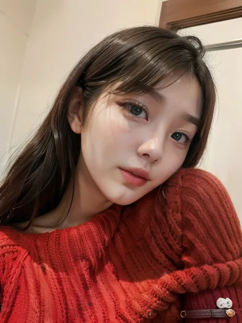 a close-up of a woman wearing a red sweater and a red sweater, young lovely korean face, Ulzzang, linda jovem coreana,  coreana, linda jovem coreana, maquiagem sul-coreana popular, maquiagem coreana popular, linda mulher sul-coreana, adorable and pale kore...