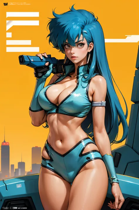 Yuri from The Dirty Pair, , wearing a tight outfit, light sage uniform, light blue uniform, skimpy, medium breast, (long hair), dark blue hair, long smooth hair,  beauty, cyberpunk city background, holding retro space-gun, cleavage, slim waist, slim thighs...