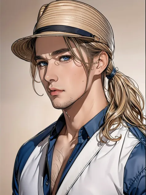 (masterpiece, disorganized, high resolution, super detailed), 1 man, wavy blonde hair, adult, blue eyes, ponytail, male focus,ha...