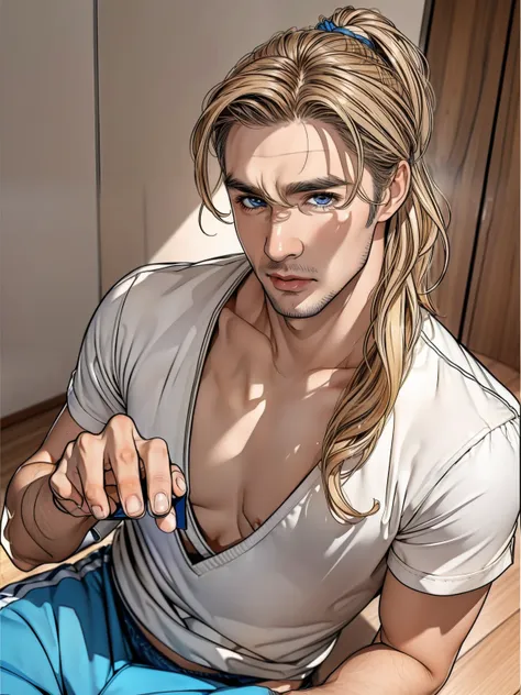 (masterpiece, disorganized, high resolution, super detailed), 1 man, wavy blonde hair, adult, blue eyes, ponytail, male focus,ha...