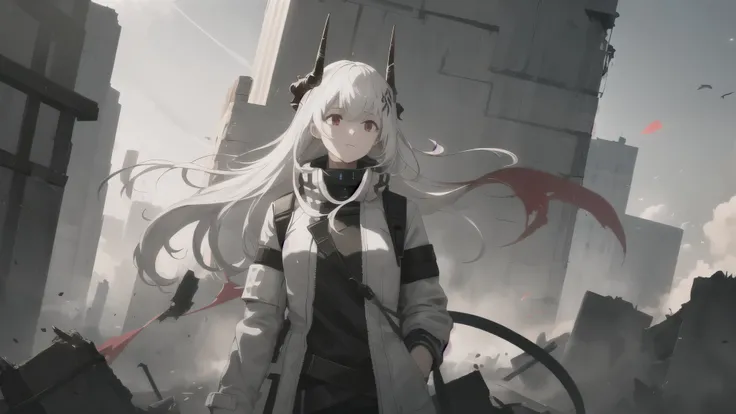 mudrock, red eyes, white hair, horns, long hair, white jacket, infection monitor \(arknights\), upper body, (floating object:1.2...