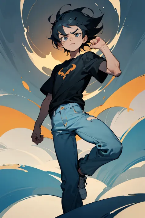 A manga style drawing of a light skinned, teenage boy standing in a triumphant pose. He has slightly wavy and unruly short black hair, and sinister eyes. Hes dressed in a plain black t-shirt, and uses jeans and sneakers. The boy can be seen frowning in a m...