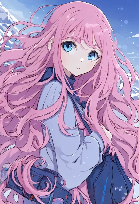 girl, fair skin, long pink hair, blue eyes, wearing  and holding a bag