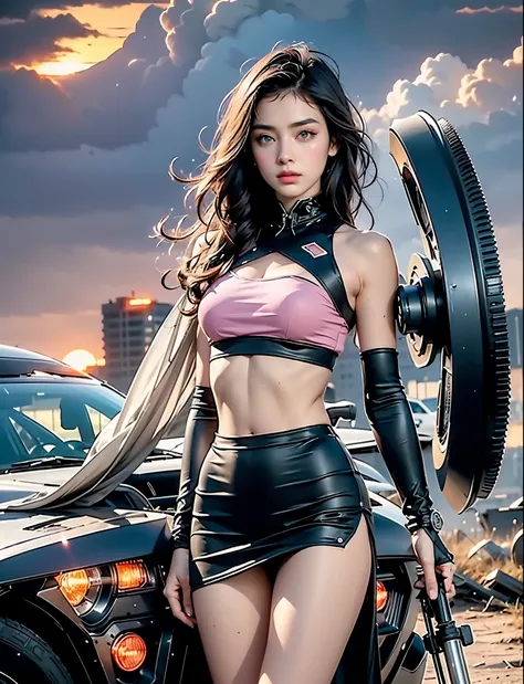 perfect female shape，pink skirt, dark hair, green eyes, High Dynamic Range，long eyelashes，Unbeatable masterpiece，tan skin，putting makeup on，Sexy goddess，crop top, pink skirt, large techno sword, Large mechanical gears，The setting sun burns the clouds，8K hi...