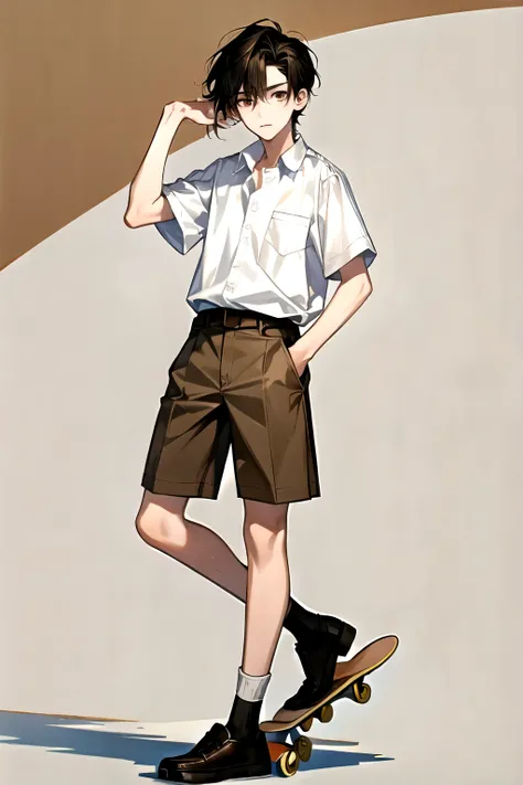 Masterpiece, best quality, highres, solo, 1 male, teenager, black hair, brown eyes, high school, white shirt，brown short pants, skateboard, headphone 